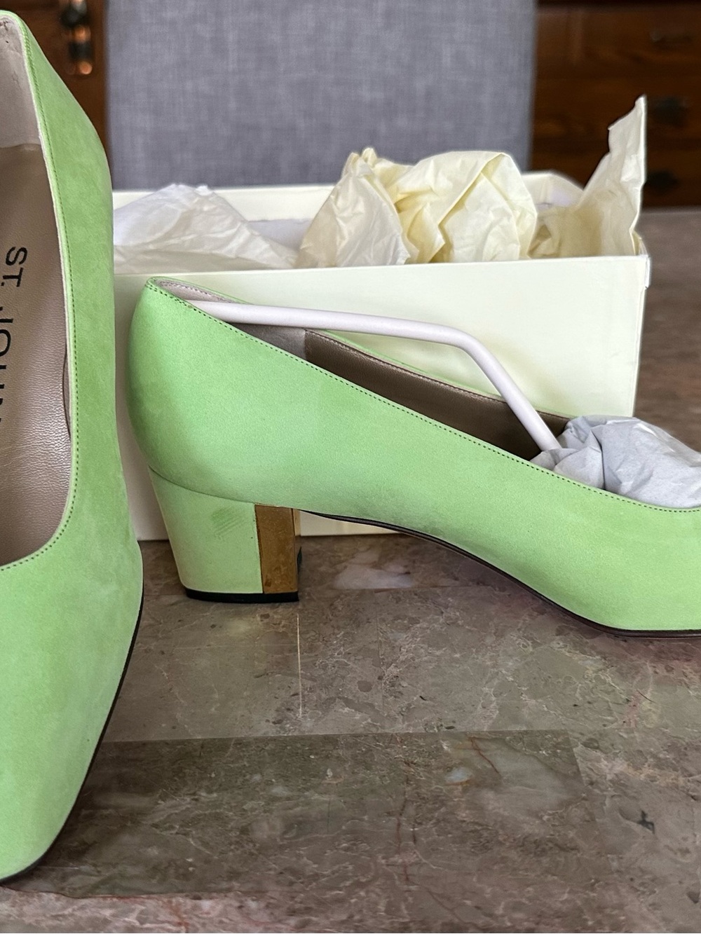 St. John Mint Green Suede Mid Block Heel Pumps